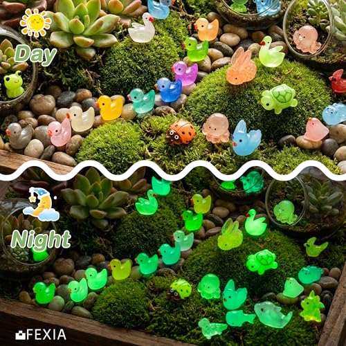 Image of FEXIA 100PCS Glow in The Dark Mini Resin Animals 20 Cute Styles Tiny Figurines Colorful Ducks, Frogs, Turtles, Fishfor Fairy Garden, Dollhouse, Aquarium, DIY Crafts, Micro Landscape Party Decoration