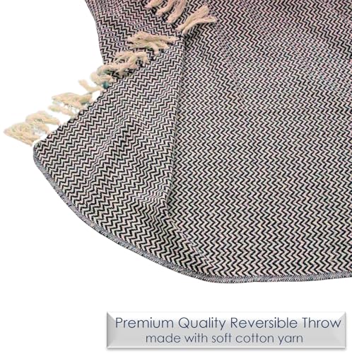Image of Chevron 78x60 Inch Reversible Cotton Throw Blanket with Tassels| Blanket for Living Room, Sofa, Bed, Chair, Picnic & Used for Gift | Navy Narrow Chevron, Size - 200x150 Cm