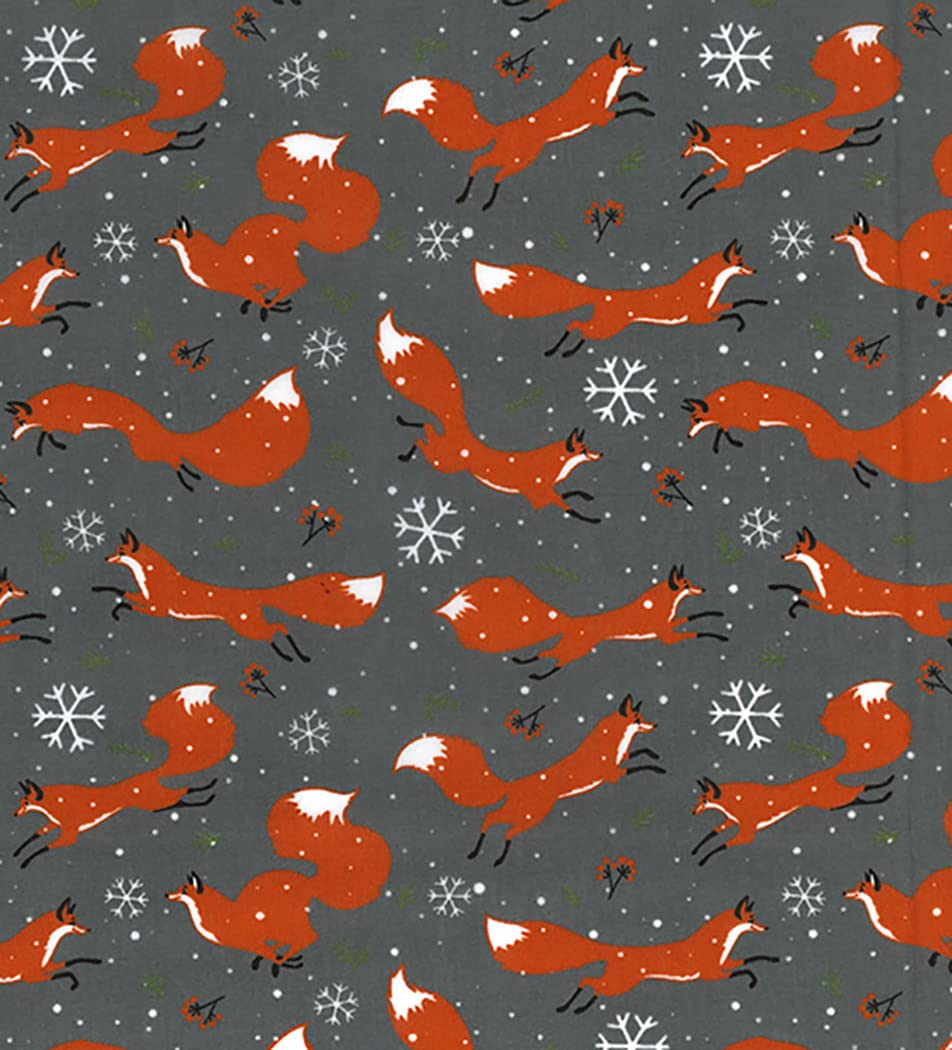 Oddies Grey Christmas Fabric - Fox & Snowflake - Polycotton Craft Fabric Material Metre