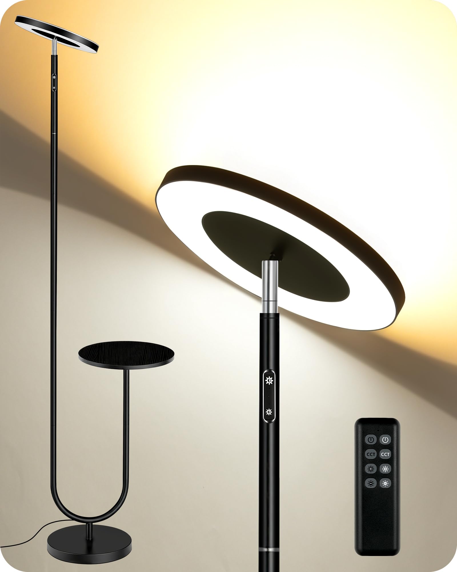 Lámpara de Pie LED Moderna con Mesa Auxiliar, 4 Temperaturas de Color, Mando a Distancia, Ajustable del 10% al 100%, Luz Superior de 22 W y Luz Inferior de 7 W, Salón, Dormitorio, Negro