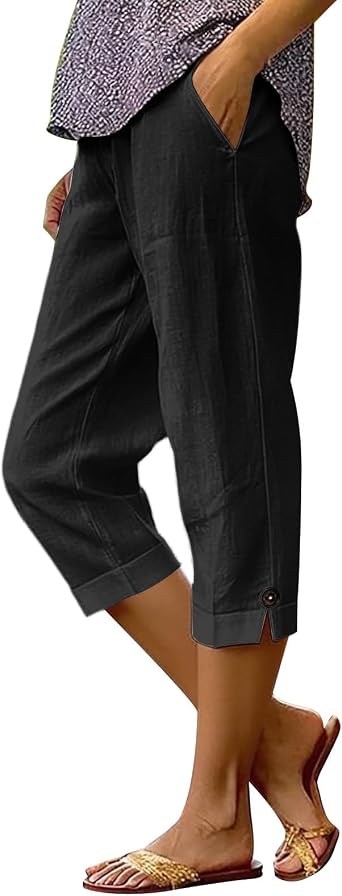 Linen Capri Pants for Women Side Slit Summer Travel Boho Beach Capris Lightweight Breathable High Waisted Lounge Pant