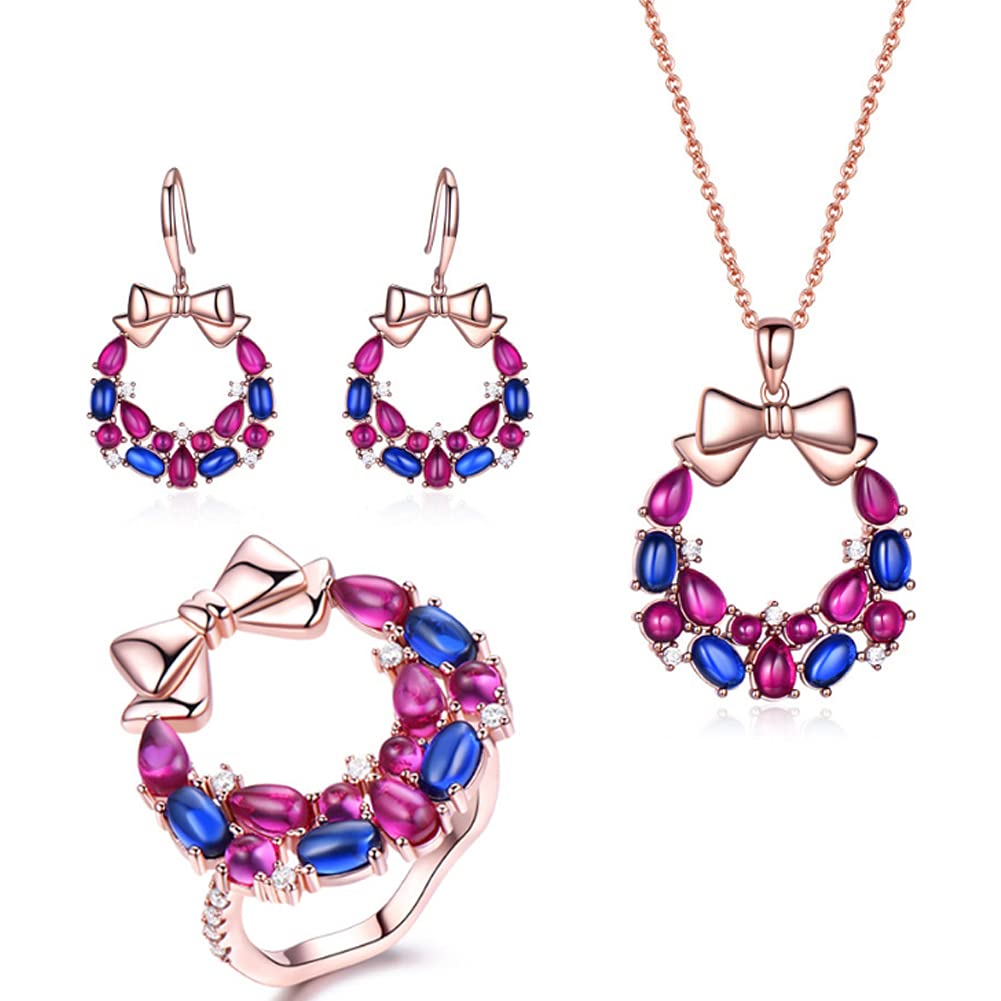 Damen-Schmuckset aus 925er Sterlingsilber mit bunten Blumen und Schmetterlingen, Halskette, Ohrringen und Ring, dreiteilig, modisch, personalisierbar