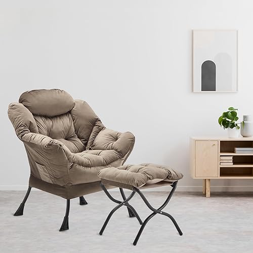 Miniatura 9 de Silla Lazy con otomana plegable, silla decorativa de terciopelo tapizada con estructura de metal y almohadillas antideslizantes, sillón con