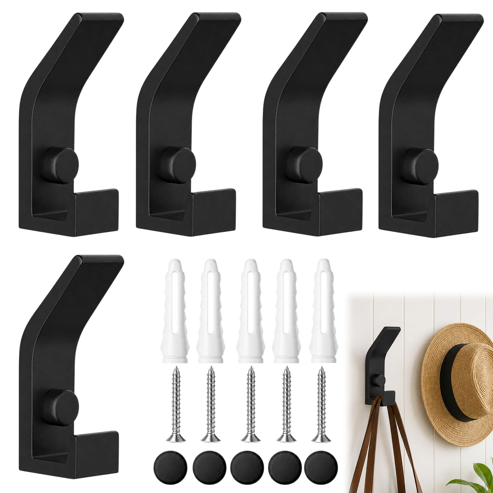Huenwlp Heavy Duty Black Coat Hooks, 5PCS Heavy Duty Black Wall Hooks Screw in, Coat Hook for Coats, Door Hook, Apply to Bathroom, Bedroom, Hallway, Invisible Screw Design, Sturdy Metal Hangers
