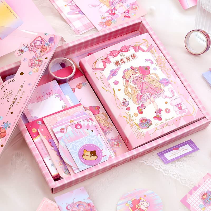 Image of Retailio 348 Pcs Scrapbook Kit Vintage Aesthetic Scrapbook Kit for Bullet Junk Journal Stationery A6 Grid Notebook, DIY Journaling Supplies, Birthday Craft Gift (Girl's Love Planet - Pink)