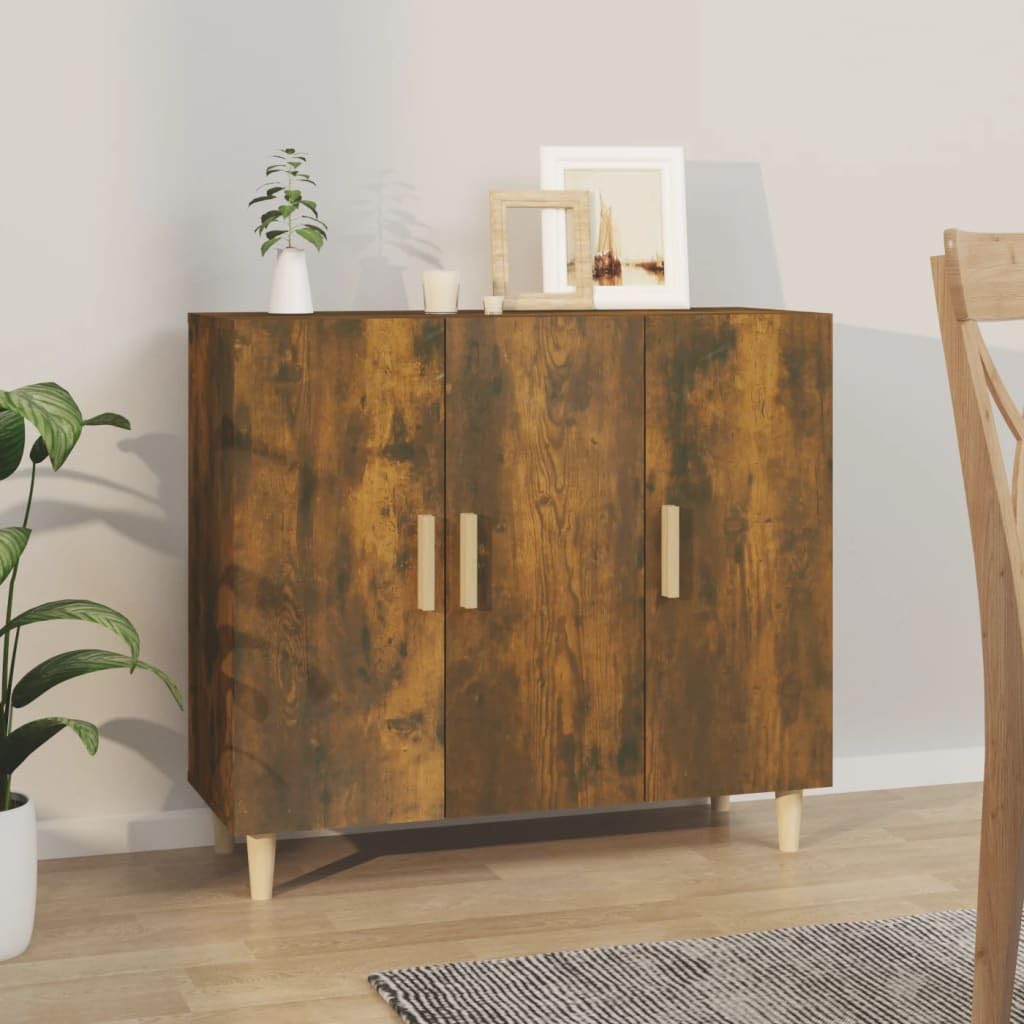 Générique Klasyczny bufet wędzony dąb 90 x 34 x 80 cm, mebel do salonu z drewna inżynieryjnego z 3 drzwiami, duża przestrzeń do przechowywania do uporządkowania codziennych niezbędników.