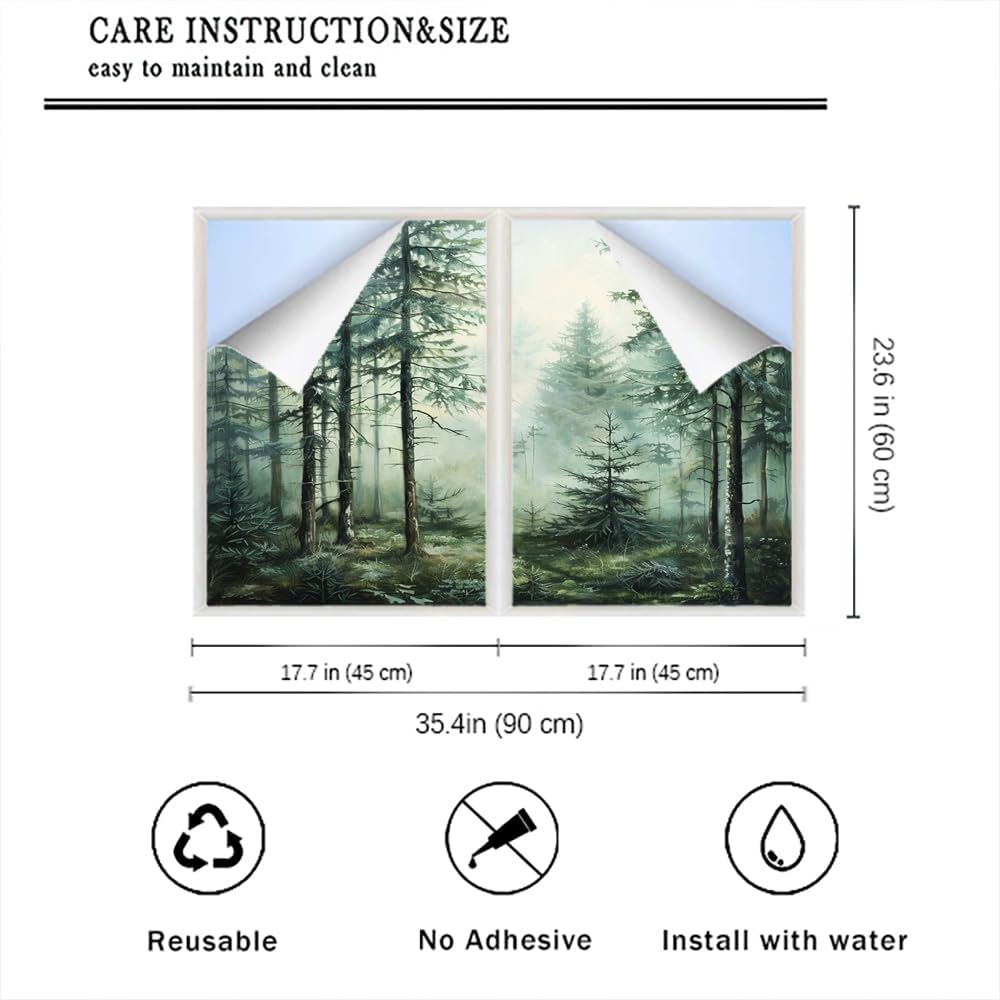 Vintage Forest Frosted Window Privacy Film, Misty Trees Nature Landscape Rustic House Window Film Adhesive Glass Coverings for Bathroom Home Decorative 17.7Wx23.6L-inch x2 Pcs