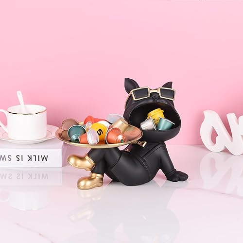 Miniatura 4 de XIYOUQI Bandeja de almacenamiento de estatua de bulldog francés de resina, bandeja para llaves para mesa de entrada, bonita estatua de mayordomo de