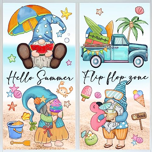 AnyDesign 109Pcs Summer Hawaii Gnomes Window Clings Hello Summer Tropical Gnome Truck Beach Scene Window Decals Watercolor Reusable PVC Stickers for Home Party Window Glass Mirror Decoration Supplies