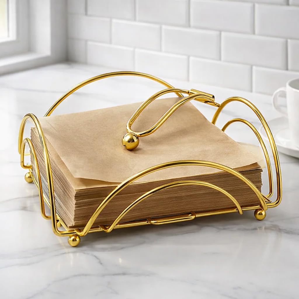 Gold Napkin Holder for Dining Table | Modern Metal Tissue Holder with Weighted Arm for Kitchen, Tabletop & Parties | Premium Decorative Paper Napkin Stand (Golden Finish)-image-12