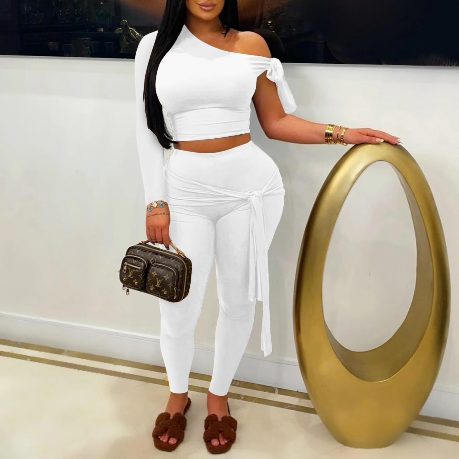 QegarTop Sexy Two Piece Outfits For Women Club Night Out Pants Sets Dressy off One Shoulder Clubwear Party Vacation Clothes - Image 2