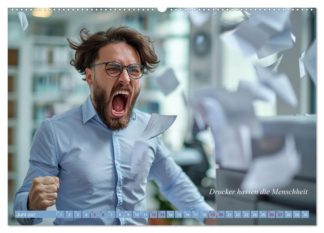 CALVENDO - Ich liebe jeden Tag im Büro (Wandkalender 2027 DIN A2 quer), Monatskalender: Arbeitswahn und Papierstau: Das Comedy-Bürokalender