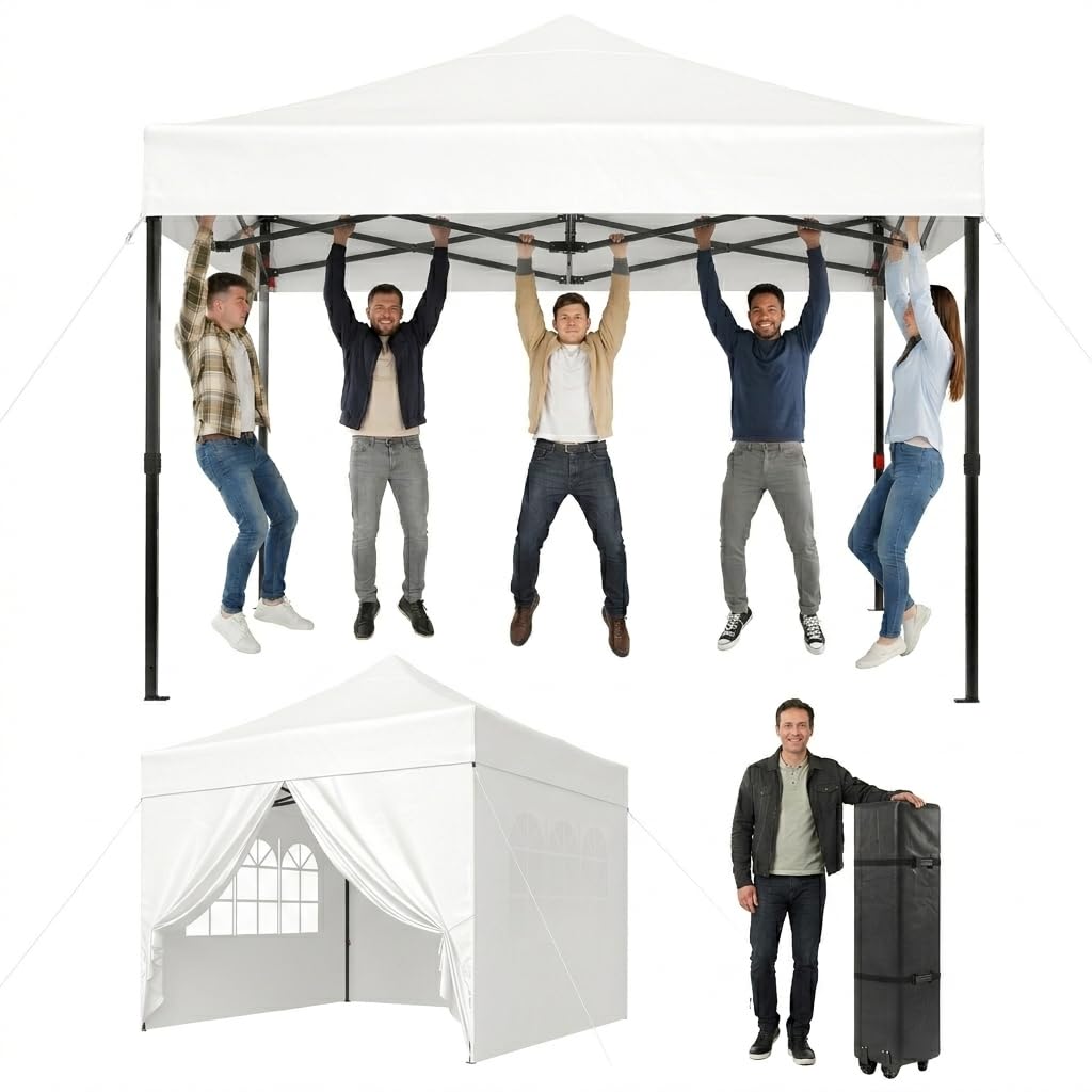 Aoxun Pop Up Gazebo with Sides 3m x 3m Waterproof Outdoor Canopy with Wheeled Carrybag,6 Weight Bags, 8 Stakes and 4 Ropes, Heavy Duty Instant Shelter for Garden Party BBQ, White