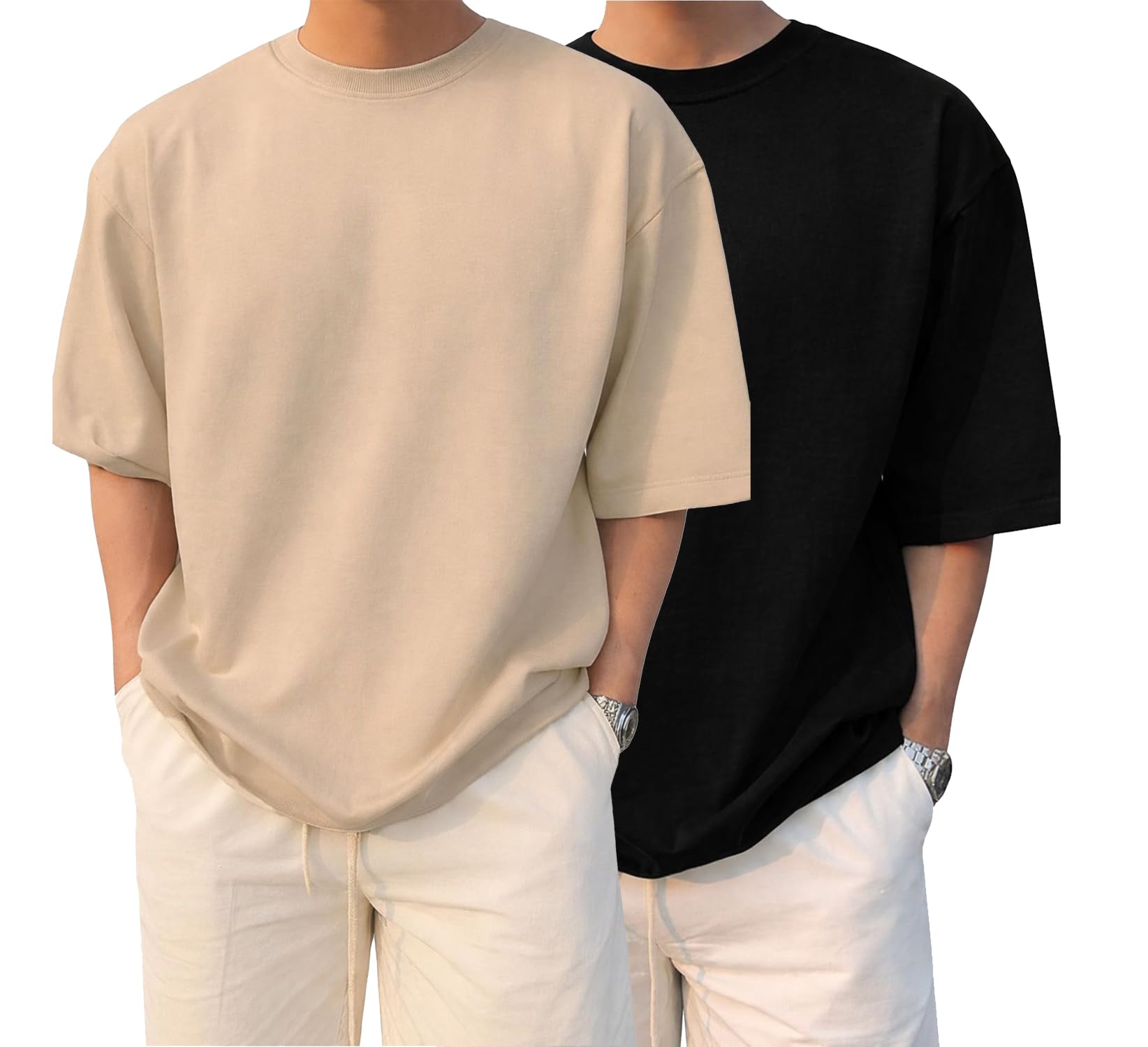 BARKEYO Men's Beige French Terry Oversized T-Shirt Pack Beige/Black - Image 1