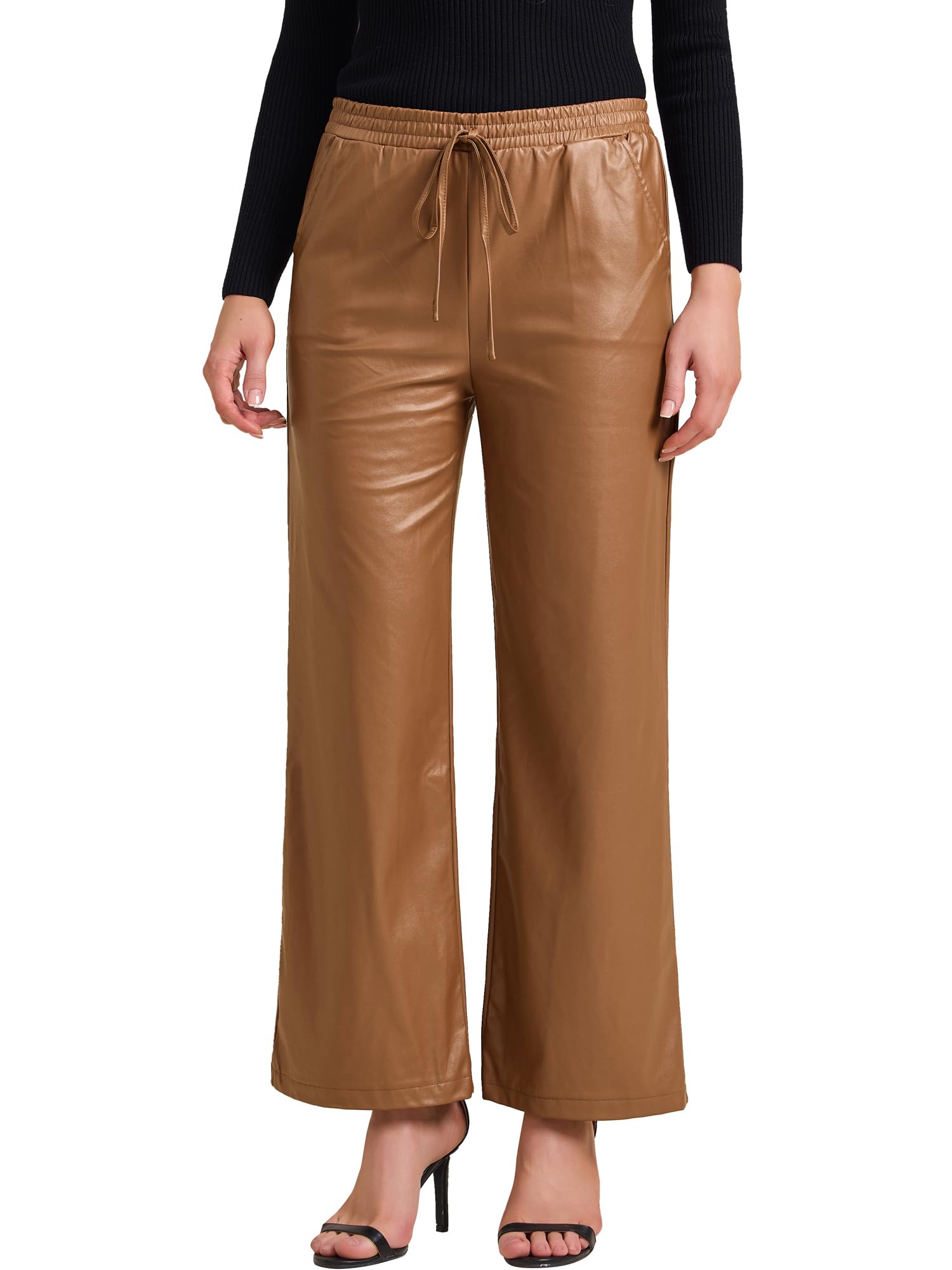 Allegra K Womens Faux Leather Pants High Waist Straight Leg PU Trousers Pant with Pockets