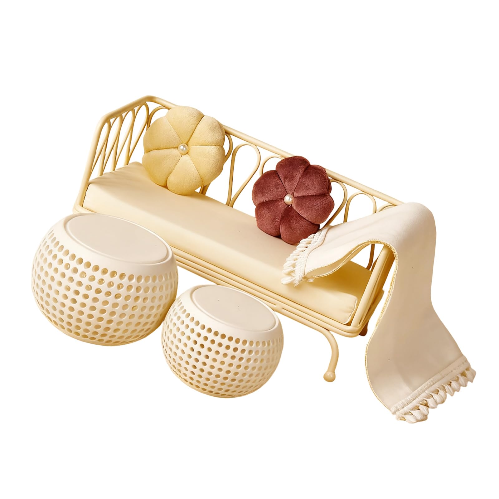Set divani in miniatura 1/12 con tappeto con, White Set | Cuscino in tessuto con base in metallo per lo sviluppo ' immaginazione dei bambini con display del cuscino