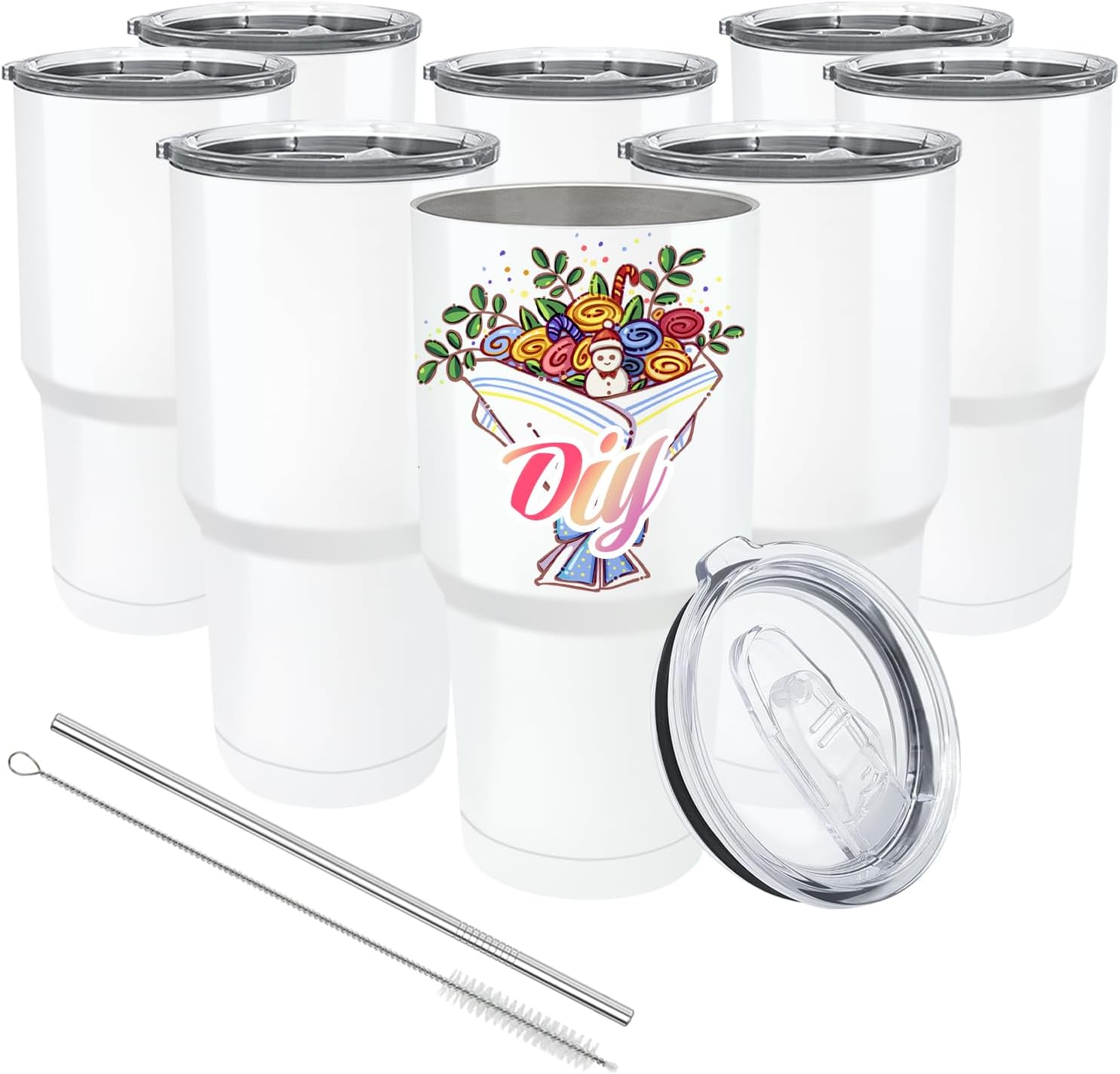 YOUKE OLA 8 Pack Sublimation Tumbler Blank White Bulk Stainless Steel Double Wall Vacuum Insulated Coffee Travel Tumbler Car Cups with Straws, 30oz