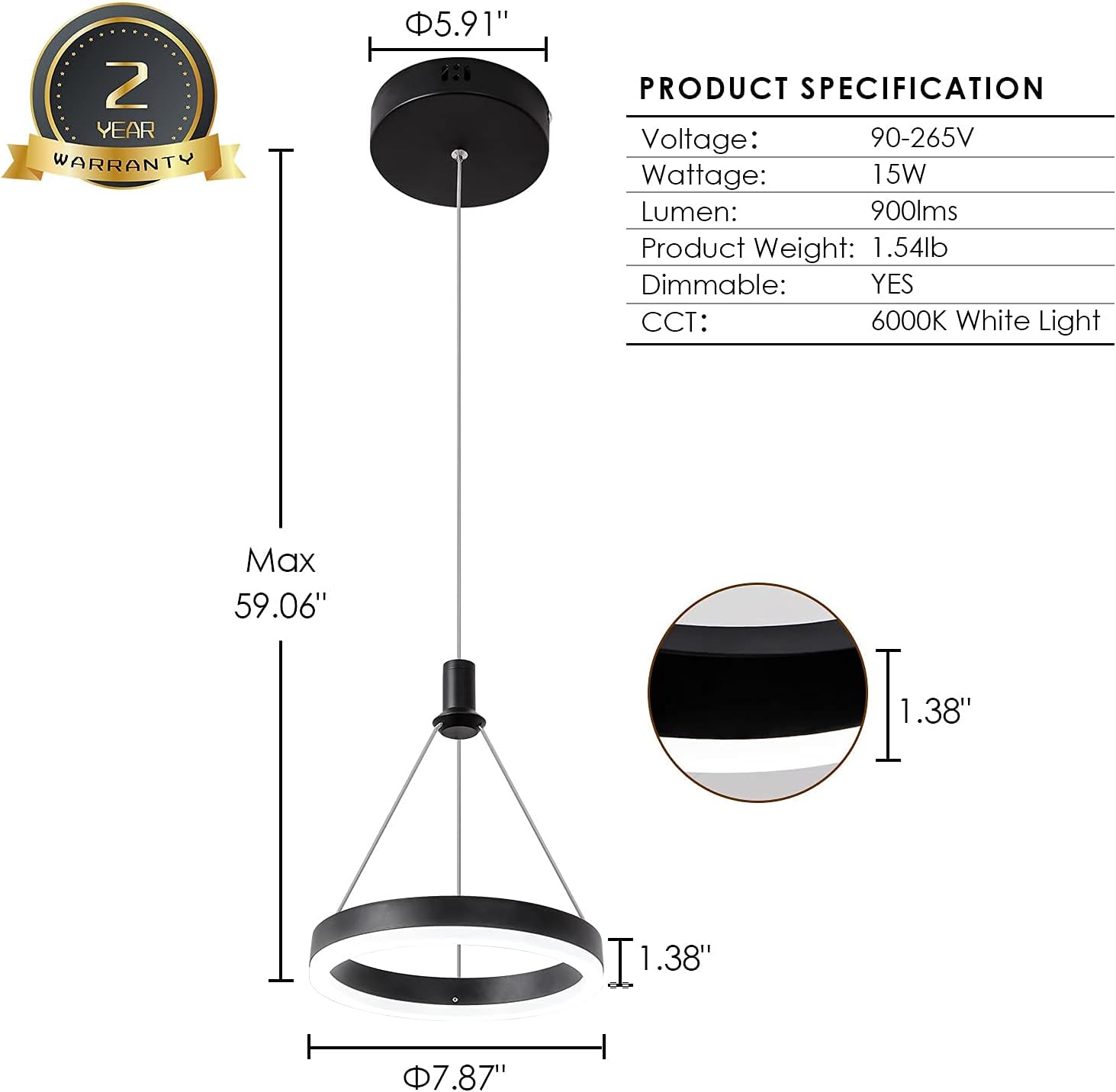 Dimmable LED Pendant Light Kitchen Island 15W Modern Dining Room Black Chandelier 1-Ring Pendant Lighting Bedroom Bedside 59in Cord Adjustable, 6000K Daylight - - 