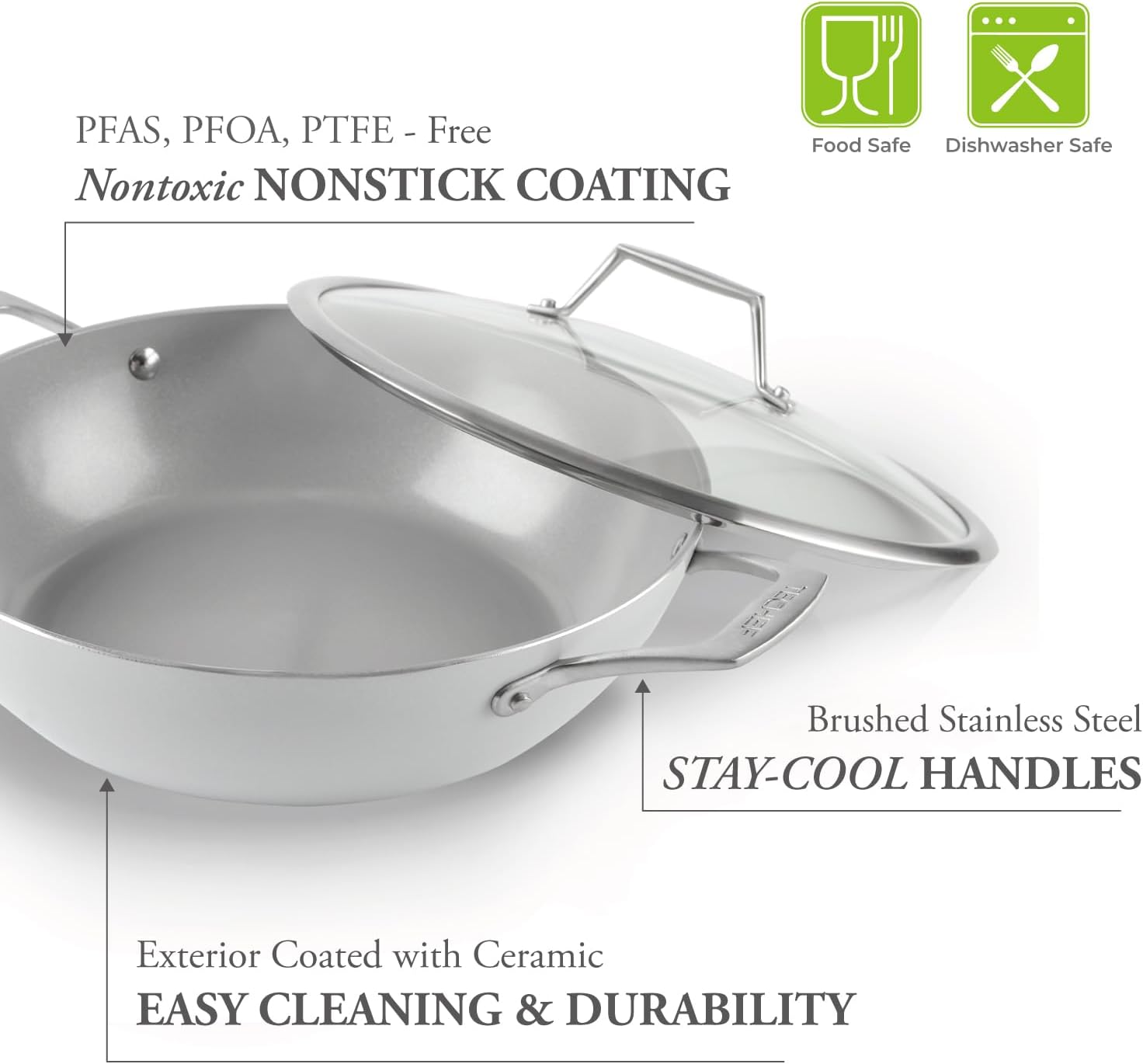 TECHEF - CeraTerra, 5 Qt / 12-in Ceramic Nonstick All Purpose Chef Pan with Cover, (PTFE and PFOA Free Ceramic Exterior & Interior), Oven & Dishwasher Safe, Made in Korea, Grey/Silver (5 Qt Chef Pan)