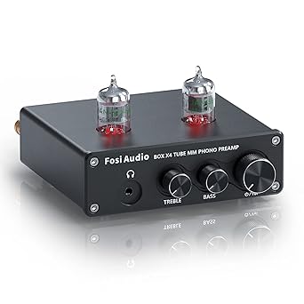 Fosi Audio Box X4 Phono Preamp مع أنابيب فراغ JAN 5725 W لمشغل تسجيل الفونوغراف القرص الدوار MM مع التحكم في حجم الجهير الثلاثي