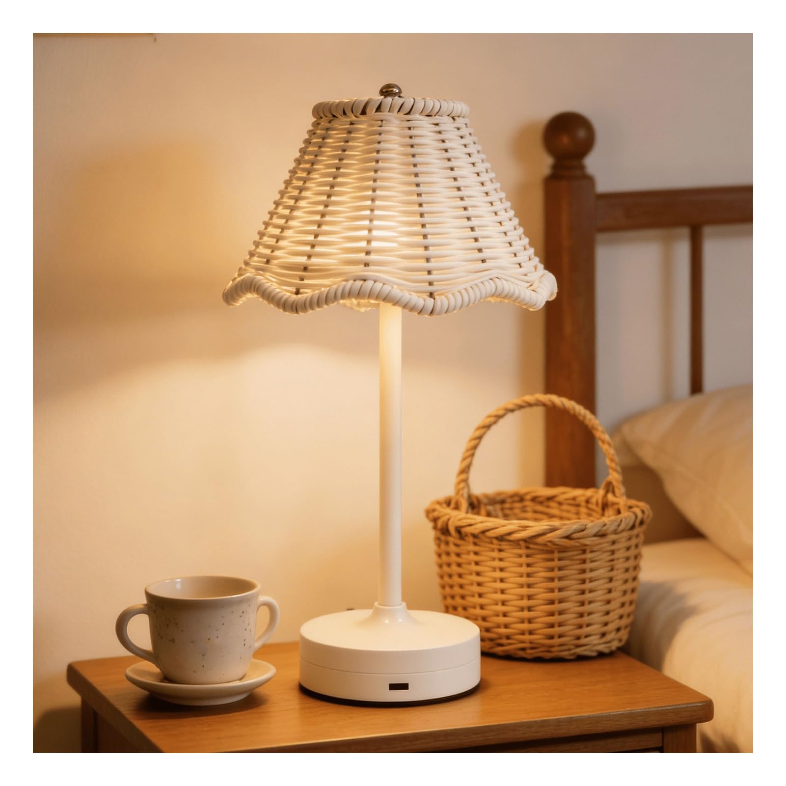 Yanmis Rattan Table Lamp, Rechargeable Boho Bedside Table Lamp, 1200mAh Cordless Lamps with 3 Brightness Options, for Bedroom Living Room Office (White)