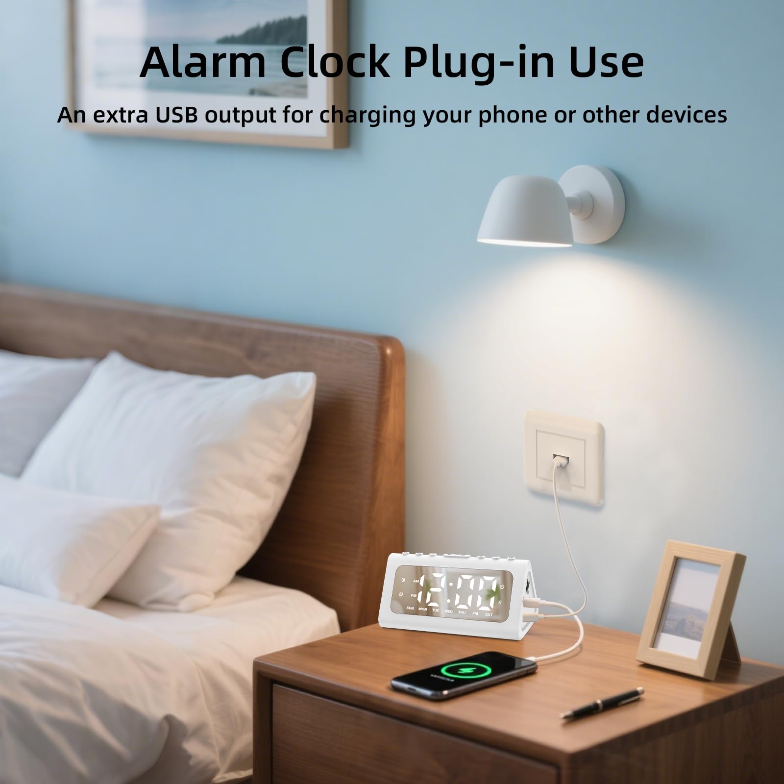 Cooluck Reloj despertador fuerte para dormitorios con sueño pesado, reloj digital junto a la noche con luz nocturna, alarma dual, sonidos naturales, volumen ajustable, regulador, modo diario/día de