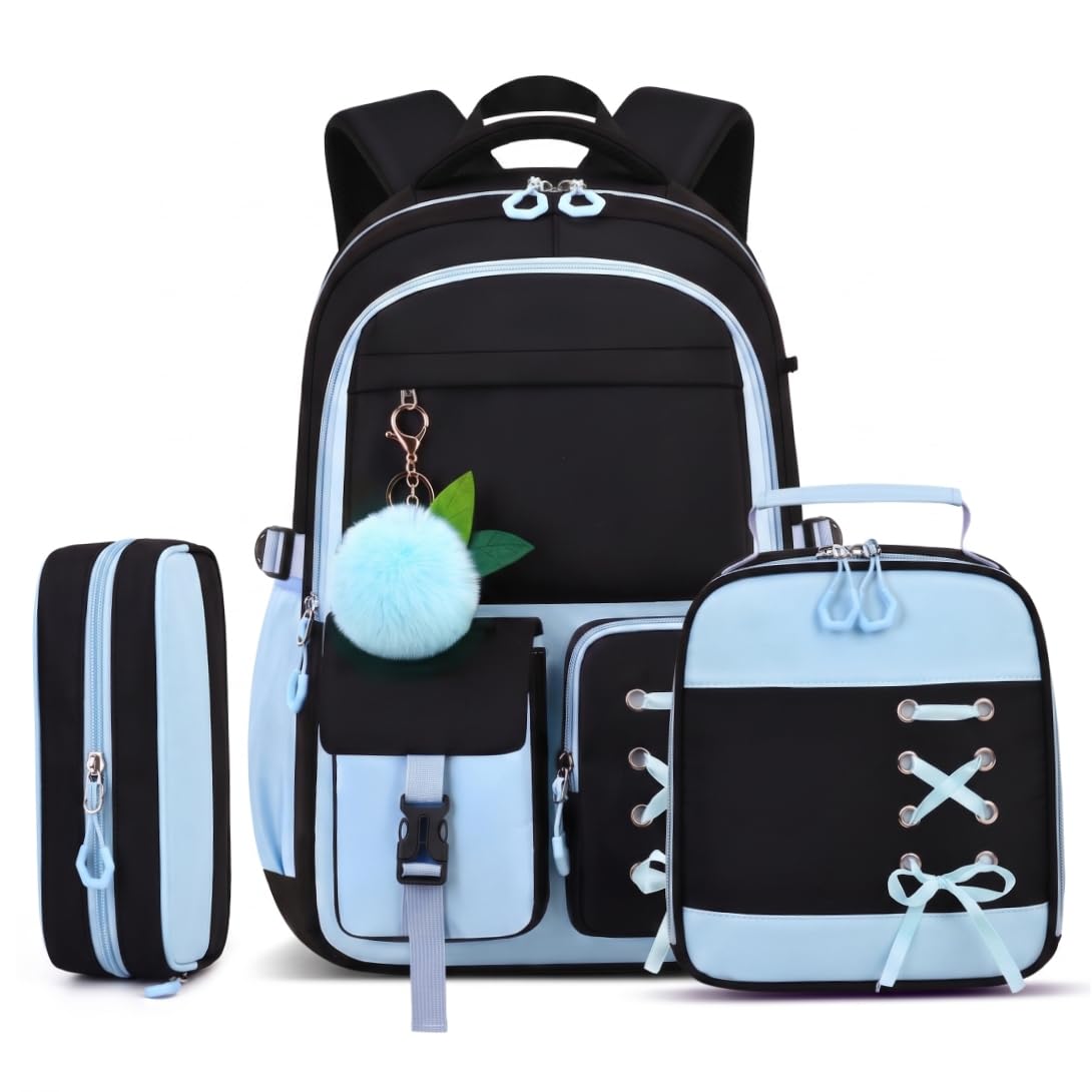 Zaino per ragazze con portapranzo, zaino con fiocco da 3 pezzi, multitasche blu con cinghie traspiranti, poliestere impermeabile per la scuola e i viaggi delle ragazze