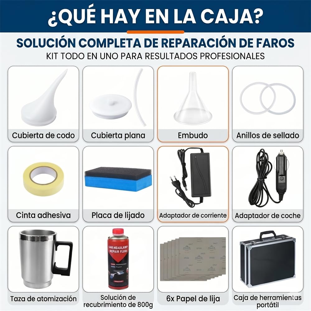 Kit de Restauración de Faros de Coche Profesional, Sistema con Taza de Atomización de Acero Inoxidable y 800g de Líquido Renovador, Elimina Arañazos, Amarillamiento y Oxidación, 12V/220V