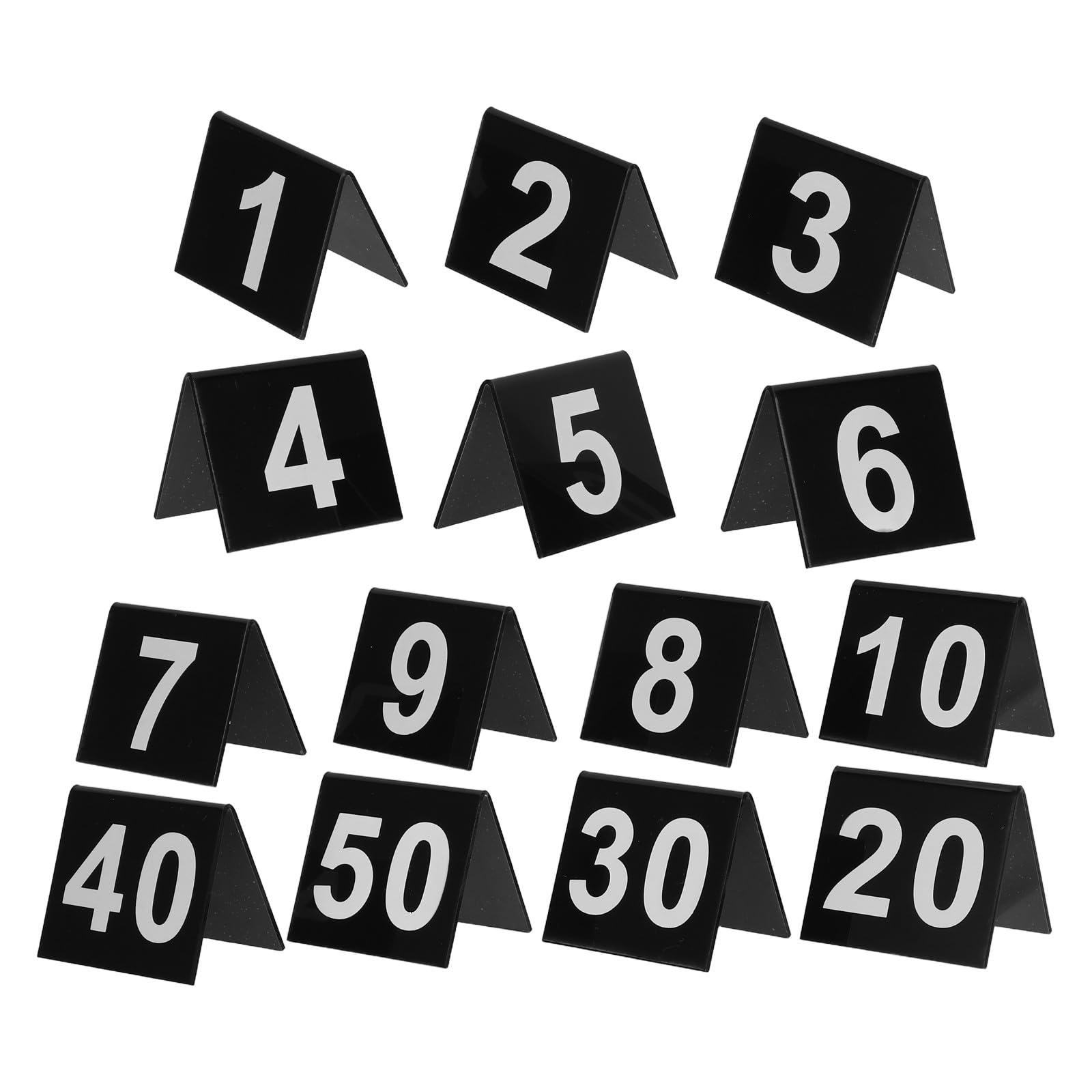 POPETPOP Números de Mesa Acrílicos 1-50, Carteles Triangulares V | Doble Cara Visible, Base Estable, 50 Piezas, Diseño Compacto para Áreas de Comedor Reducidas