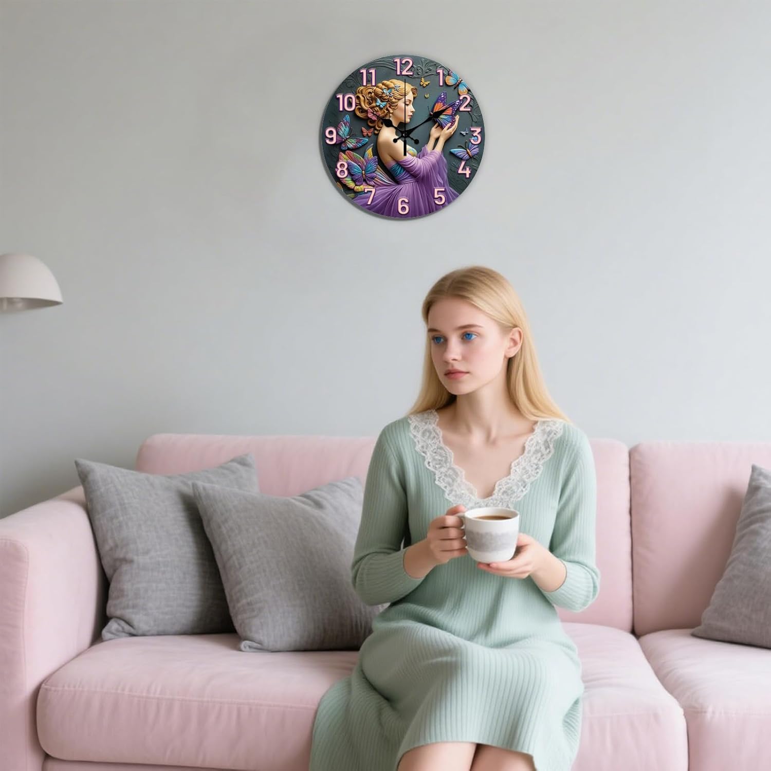 CHGCRAFT 3D Relief Butterfly Girl Pattern Wall Clock 12 Inch Non-Ticking Clocks Round Wall Hanging Clock Battery Operated for Bedroom Living Room Kitchen Office