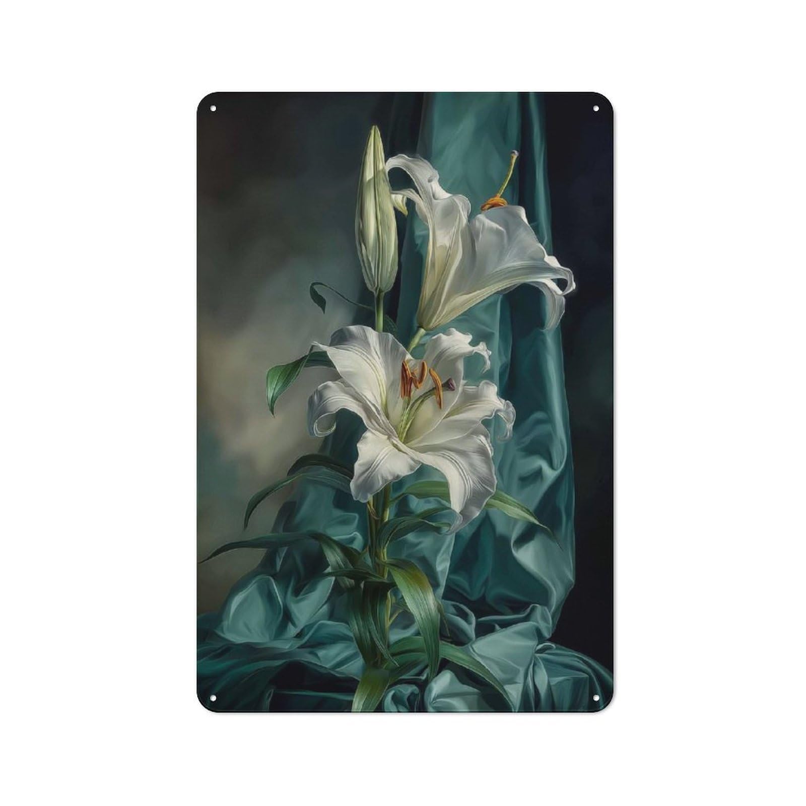 Junmoney Style-3 Metal Sign 30X20cm With Elegant White Lilies With Teal Drapery For Hallway Wall, Rustic Decor, For Furnishing A New Hallway With Rustic Decor