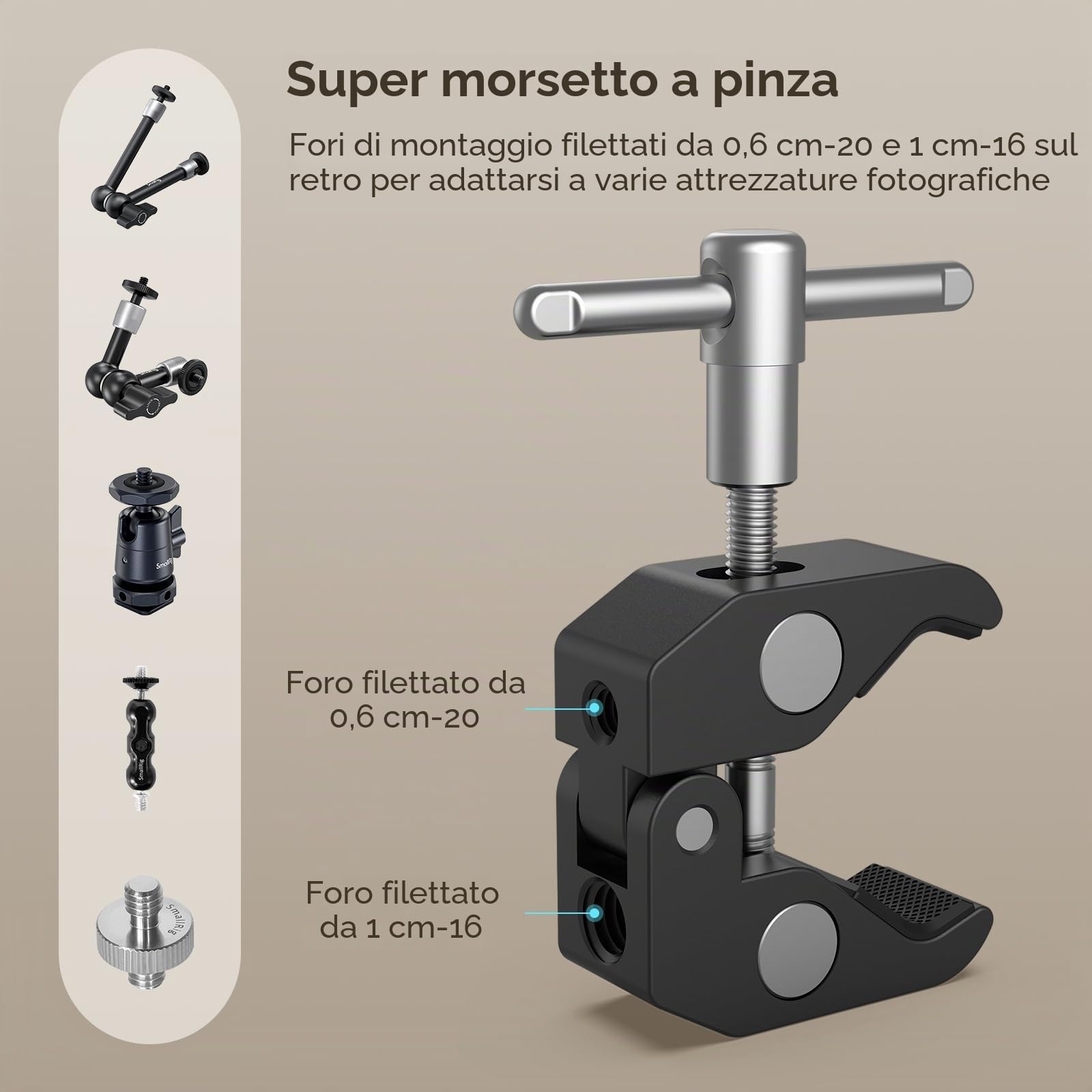 SMALLRIG Super morsetto e braccio magico articolato a attrito regolabile da 10 pollici con vite da 1/4" per monitor LCD/luci LED - 2732B