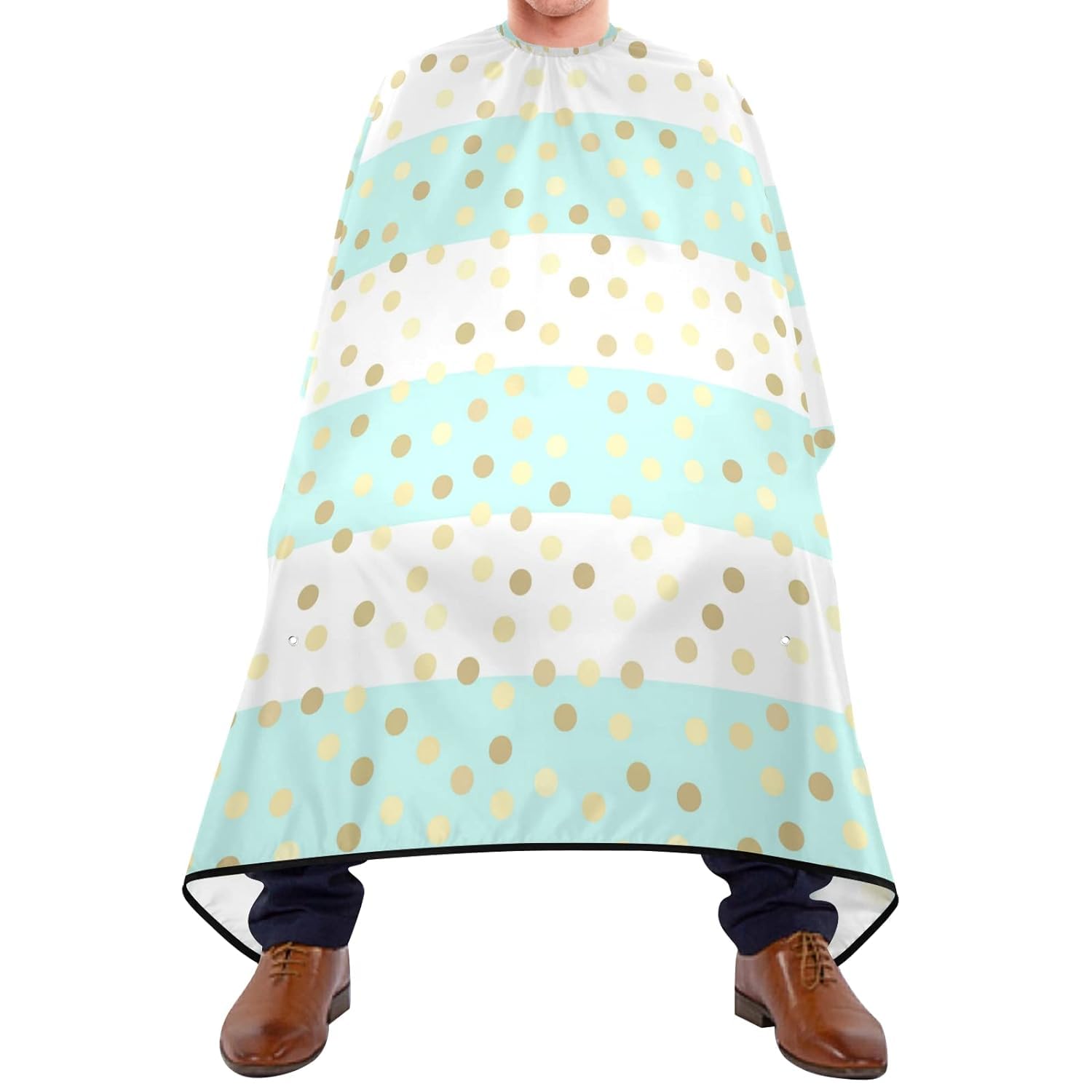 Delantal De Barbero Lunares Dorados Brillantes Sobre Rayas Blancas Y Verde Azulado Capa De Barbero Poliéster Delantal Fácil De Limpiar Capa De Barbero Para Pelo Estilo Adultos