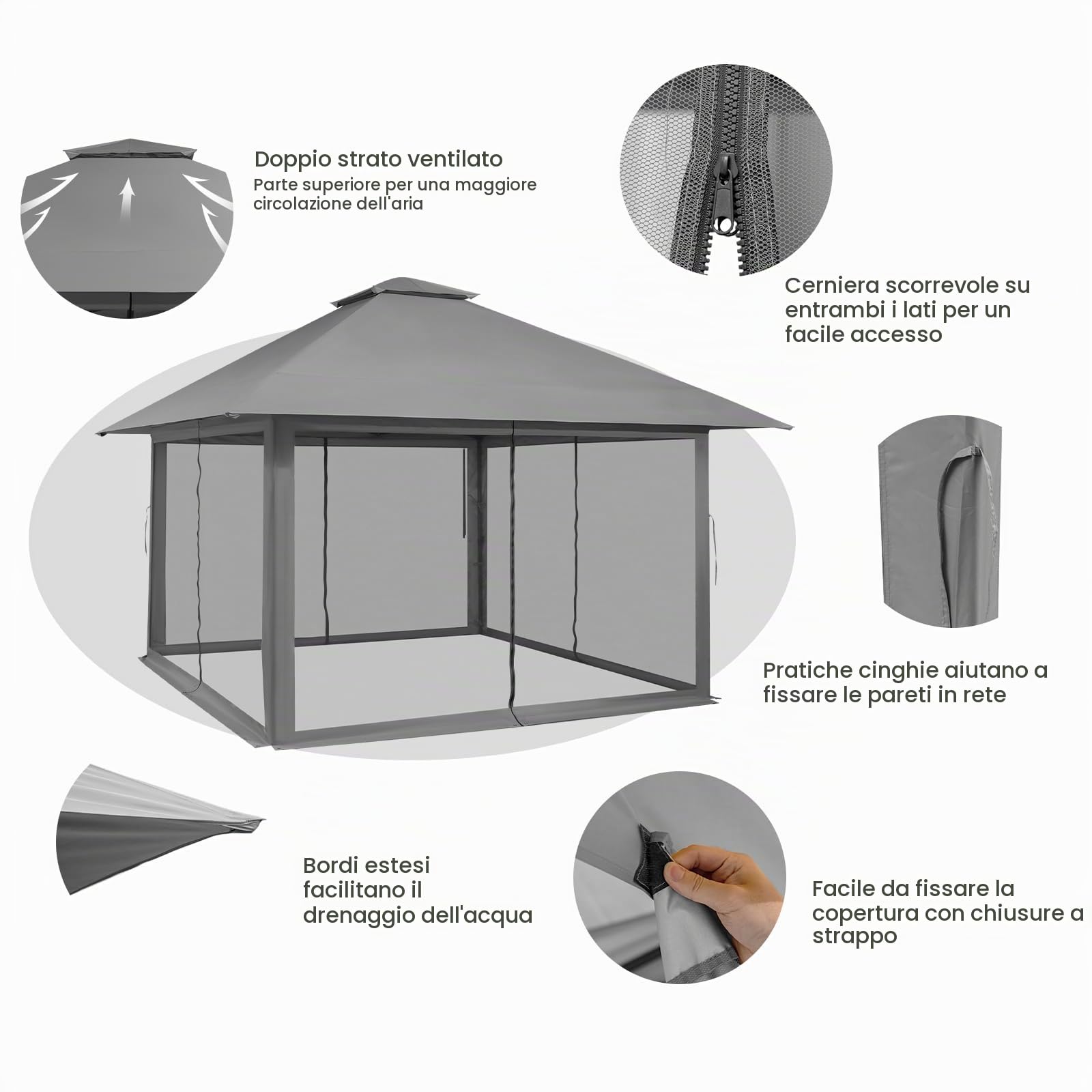 HOMASIS Gazebo Pieghevole da Giardino, Gazebo 4x4 M con Altezza Regolabile e Pareti Laterali Removibili, Gazebo Pop-Up con Zanzariera e Borsa per il Trasporto, per Patio, Spiaggia (Grigio)