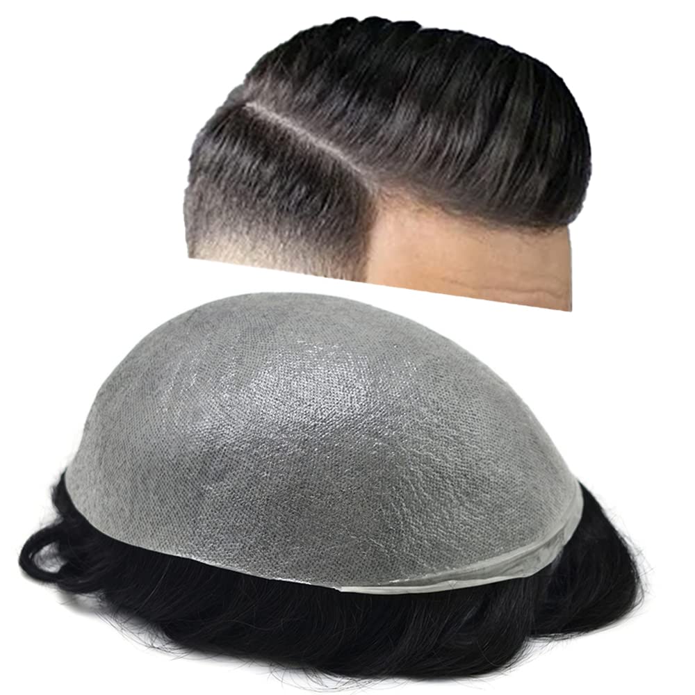 Toupee for Men Hair System 0.06mm Ultra Thin Skin V-looped Human Hair Pieces Mens Toupee Hair System for Men 8"X10" #1B Off Black-100% Density