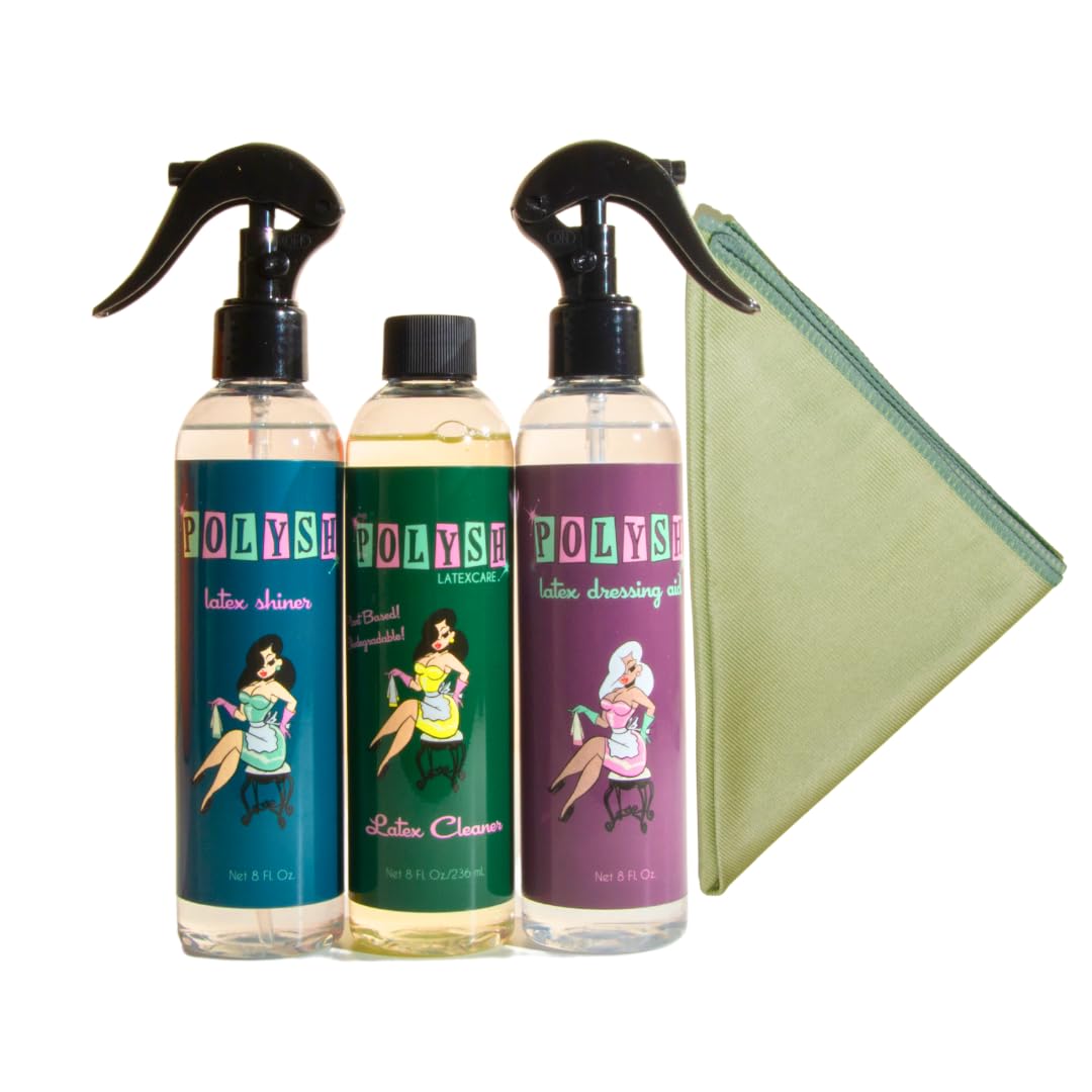 Polysh Latex Care Value Pack - 8oz - Latex Shiner + Latex Dressing Aid + Latex Cleaner with Spray Nozzles and Polishing Cloth