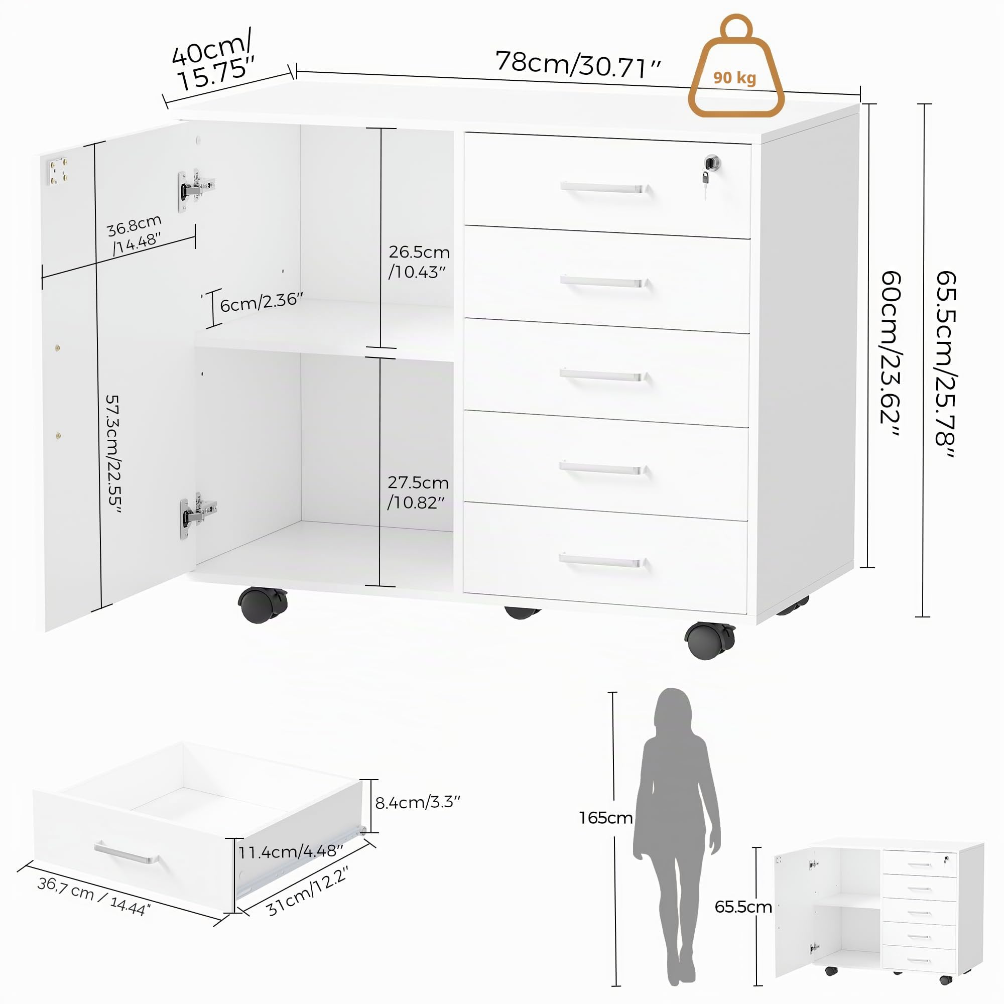 BEWISHOME Armadietto per Documenti con 5 Cassetti, Mobile ufficio con chiave, Cassettiera Ufficio con Ruote, Armadio ufficio con 3 Ripiano Regolabile, Manico in metallo, 78x40x65,5 cm, Bianco EBWG01W