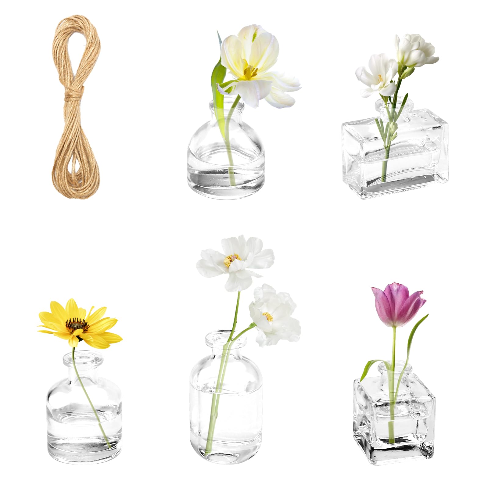 APOMOONS 5 Piezas Floreros de Cristal Pequeño Vasos de Cristal Jarrones Decorativos Jarron Flores para Juego Transparentes para Centro de Mesa en Casa Fiesta de Boda Decoración con Cuerda de Yute
