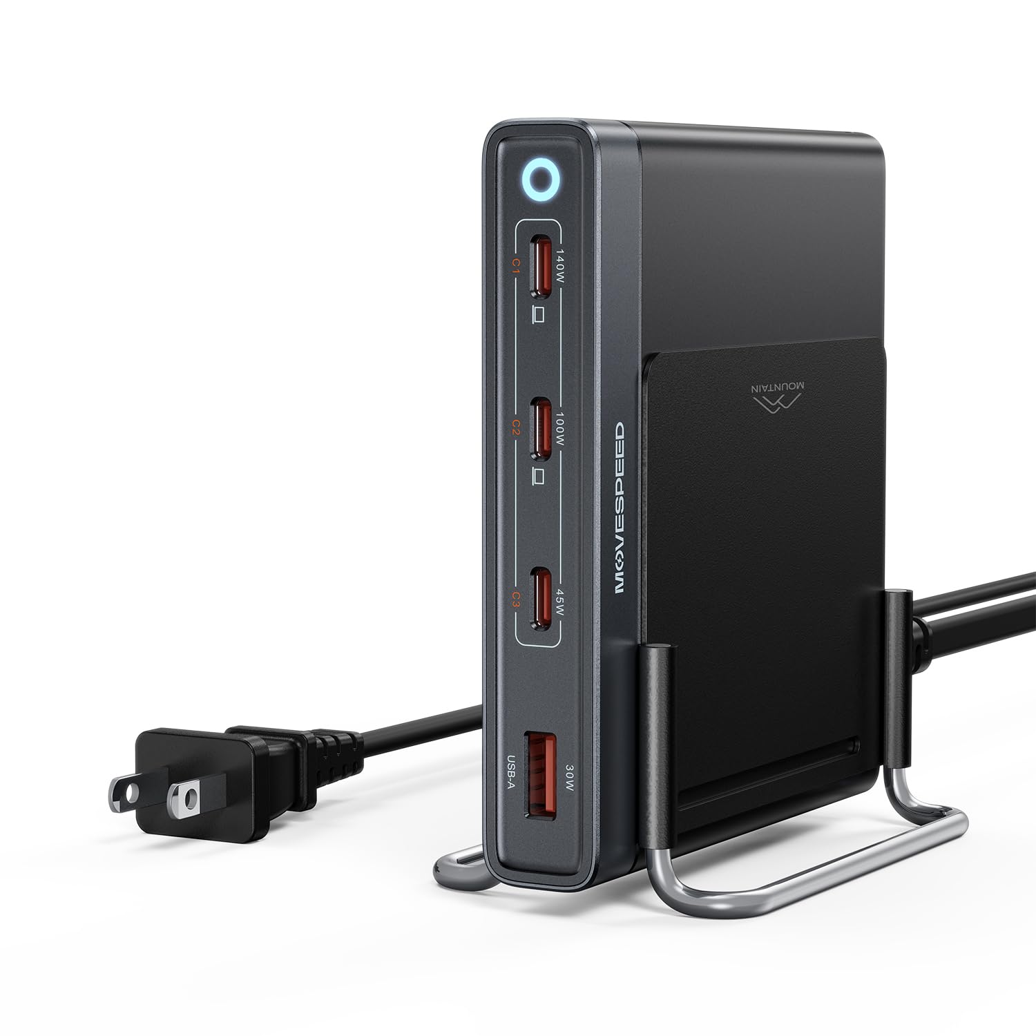 MOVESPEED 165W 4 Port Slim GaN Charging Station, 140W Single Port USB-C Fast Charger with Detachable 5ft Cable & 2 Stands for Laptops, Phones, Tablets