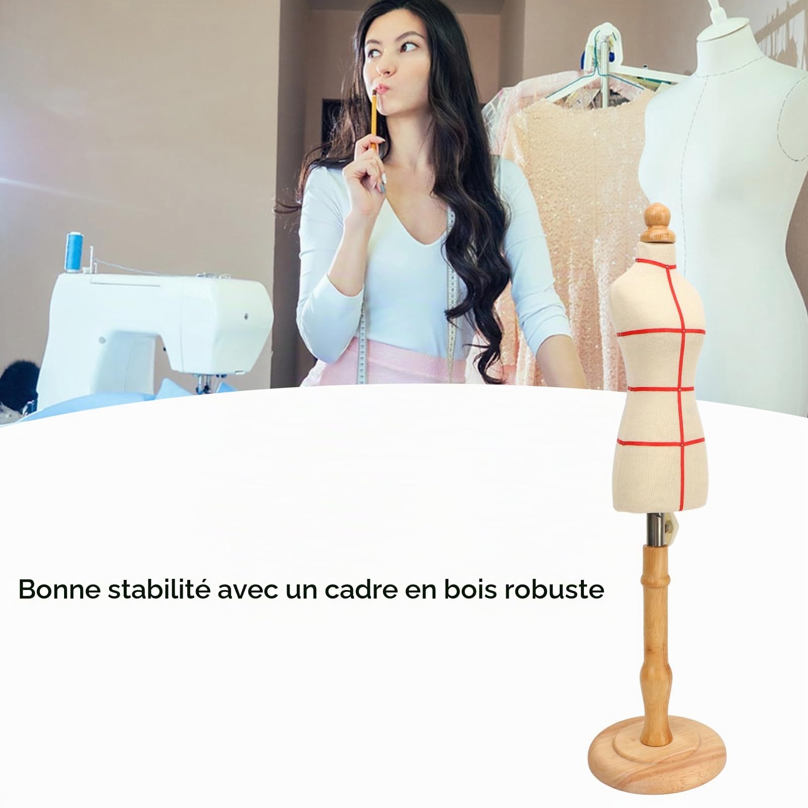 gernie Forme de Robe Féminine, Modèle de Robe Féminine Réglable, Torse de Corps de Mannequin en Bois de Hêtre avec Base en Bois Stable pour Présentation de Bijoux de Robe, Présentation