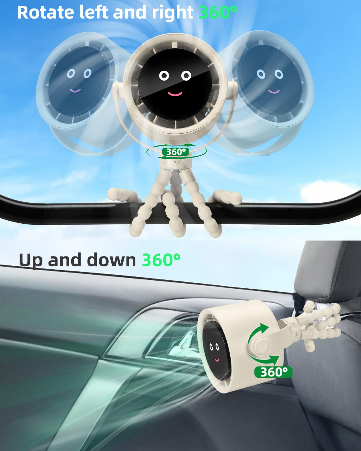 Akejrym Ventilatore per passeggino portatile, ventilatore personale da viaggio, Air Turbo Tech e display digitale, rimovibile a 5 velocità, ricaricabile, rotazione a 360°, treppiede flessibile, per