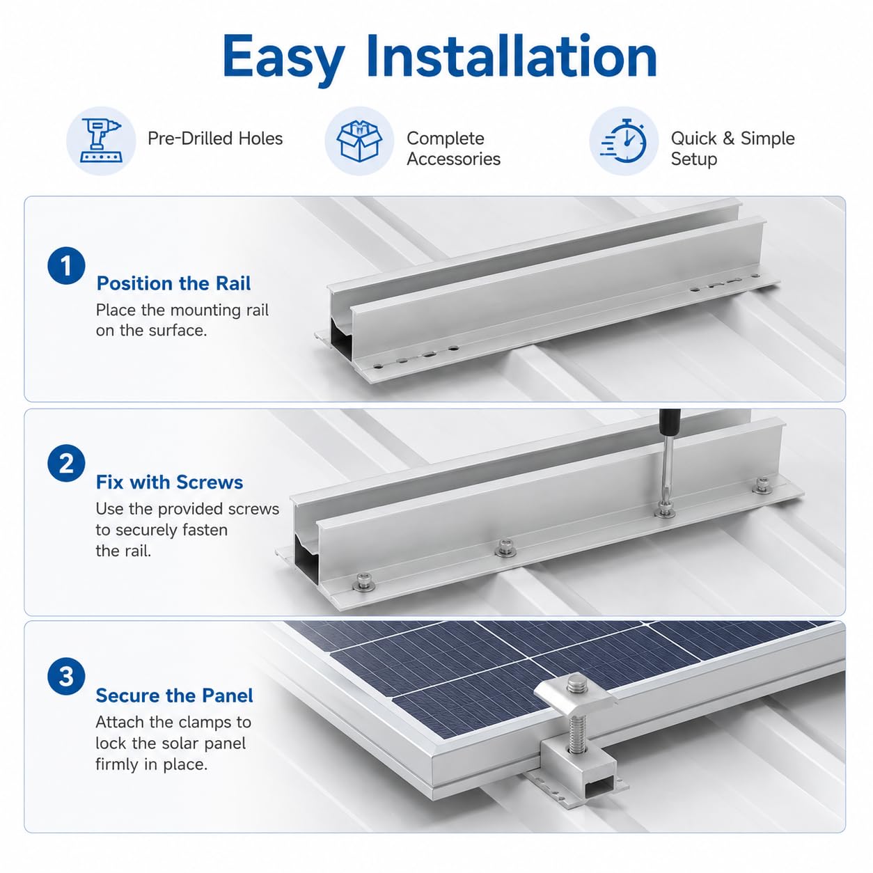 10pcs Panel Solar Kit De Soporte Carriles Cortos De Aluminio Kit De Montaje Solar Para Techo Azulejos Sistema De Fijación,Para El Hogar, Yate, Azulejos