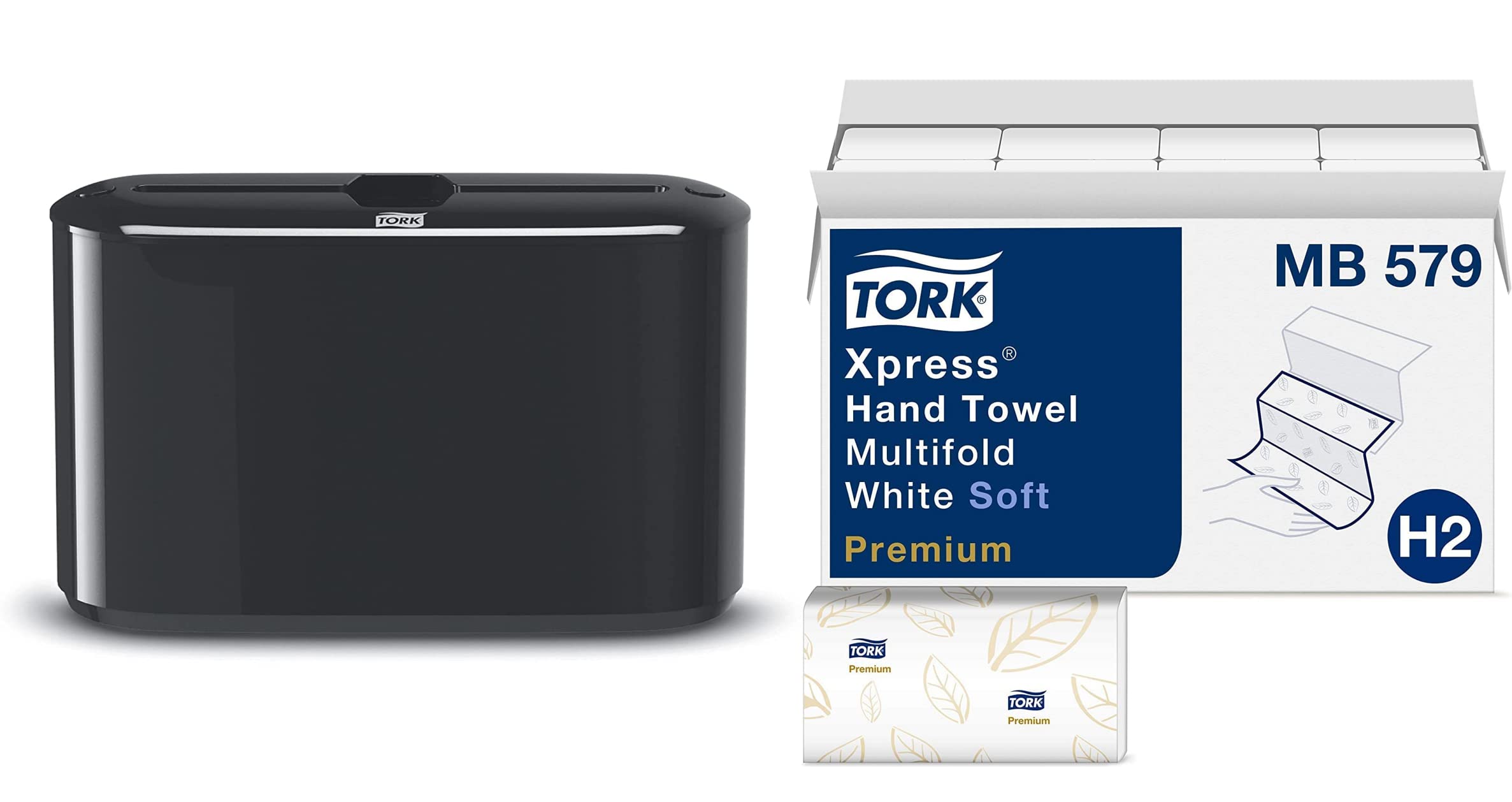 Tork Xpress Soft Multifold Hand Towel White with Blue Leaf Print, Premium Quality, 135 Towels per Pack, 16 Packs, Fits H2 Towel Dispensers and Tork Xpress Paper Towel Dispenser, Black, Compact for Home Use, Fits H2 Towels