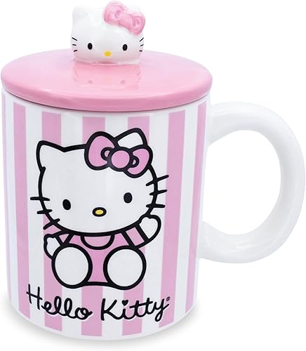 Toynk Sanrio Hello Kitty - Taza de cerámica con tapa con diseño de rayas rosadas, taza de café grande para té, expreso, cacao, capacidad para 18