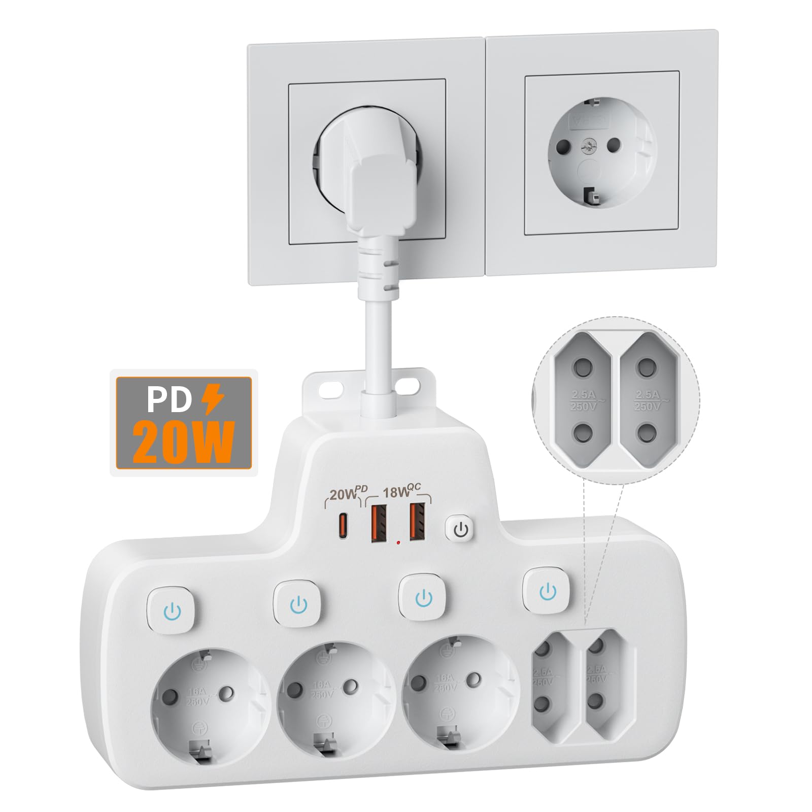 PD20W Ciabatta Multipresa con Interruttori Indipendenti,Presa Multipla Salvaspazio con USB,PD20W e QC18W Ricarica Rapida Elettrica Multipresa Protezione Sovratensione 5 Presa con Pnterruttore,Bianco