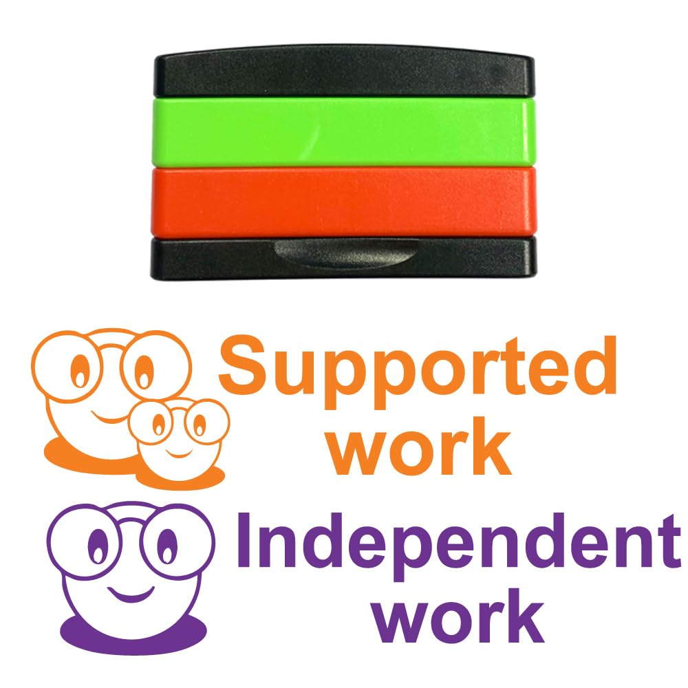 Independent Work and Support Work Self-Inking, 2 Layer, Stacking Teacher Stamps, Pre-Inked for Feedback Marking. Green Ink