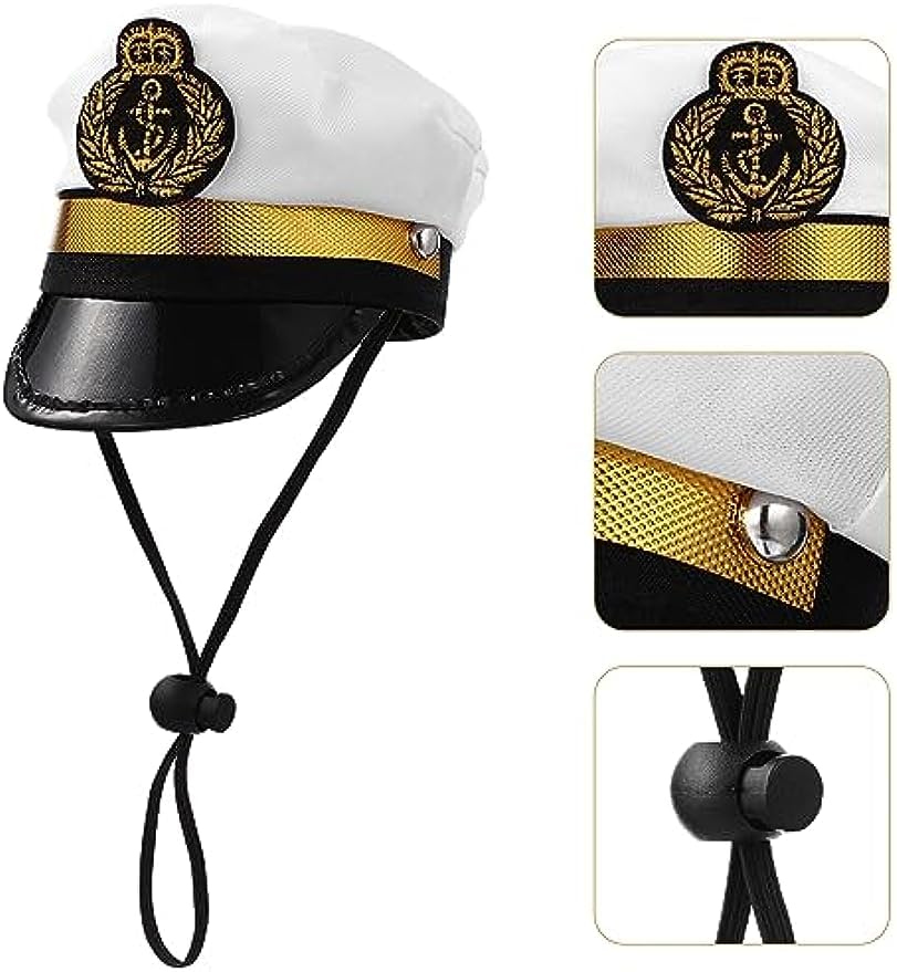 Captain Sailor Hat - Adjustable White Skipper Cap With Gold Badge For Halloween & Costume