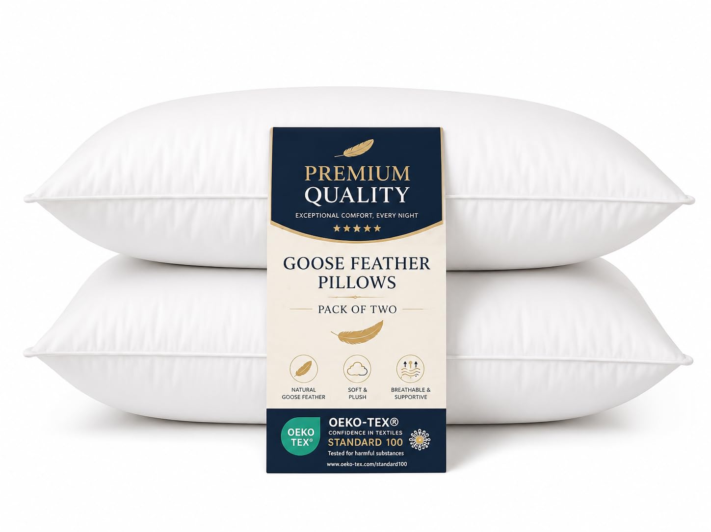 4All - Juego de 2 almohadas de plumas de ganso, relleno hipoalergénico adicional, soporte para la cabeza y el cuello, almohadas cómodas para dormir en el lateral