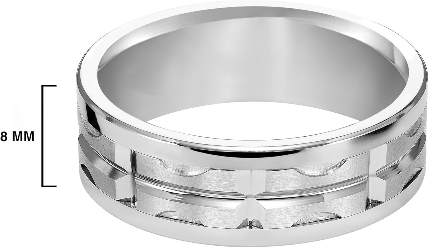 Brilliant Expressions Men’s Tungsten Carbide Wedding Band – 8mm White Tungsten & Silver Matrix Design Ring with Brushed Center, Flat Profile, Comfort Fit, Scratch Resistant & Hypoallergenic - Image 4