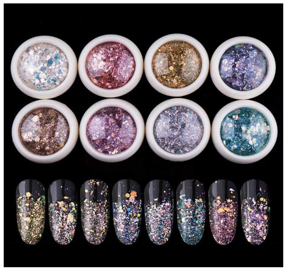 Nail Art Gradient Glitter Magic Color Changing Laser Thin Sequins Mixed Mirror Hexagon Shape Mermaid Flakes Spangles Palette Craft Glitters Holographic Manicure (8 PCSmailers)